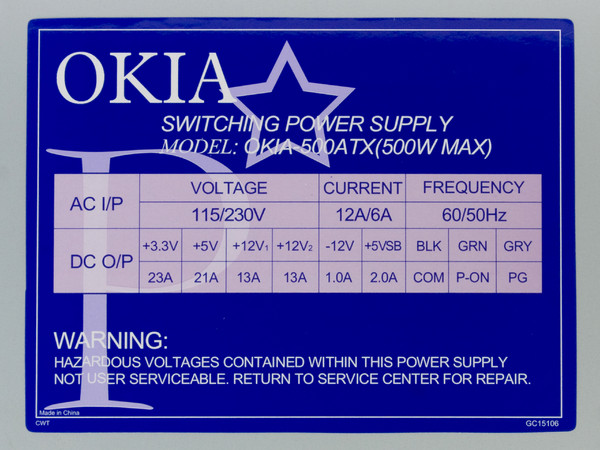 Fuente de Poder OKIA ATX de 500W, Conector de 20/24 pines