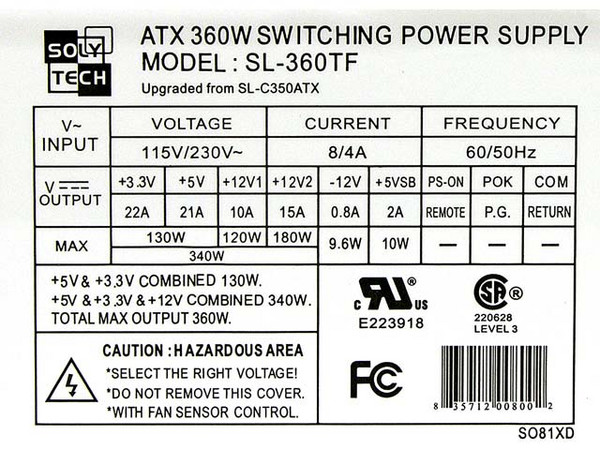Fuente de Poder SolyTech de 350W, para Gabinete ATX, Conector 20 pines