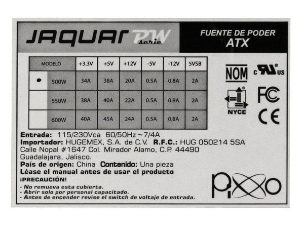 Fuente de Poder Pixxo JAGUAR de 500W para Gabinete ATX, Conector de 20/24 pines, Doble Ventilador
