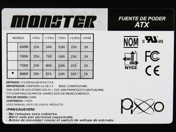 Fuente de Poder Pixxo Monster de 800W (2 Ventiladores)