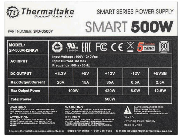 Fuente de Poder Thermaltake Smart Series de 500W, ATX, 80 PLUS.