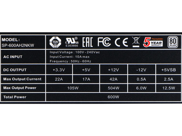 Fuente de Poder Thermaltake Smart 600W, ATX, 80 PLUS.