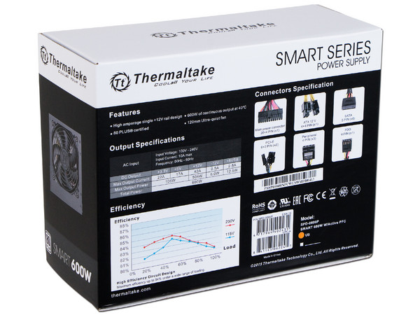 Fuente de Poder Thermaltake Smart 600W, ATX, 80 PLUS.