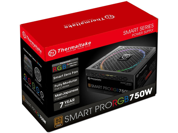 Fuente de poder Modular Thermaltake Smart Pro RGB de 750W, Zero Fan, ATX, 80 Plus Bronze.