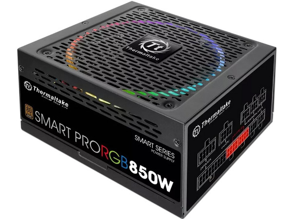 Fuente de poder Modular Thermaltake Smart Pro RGB de 850W, Zero Fan, ATX, 80 Plus Bronze.