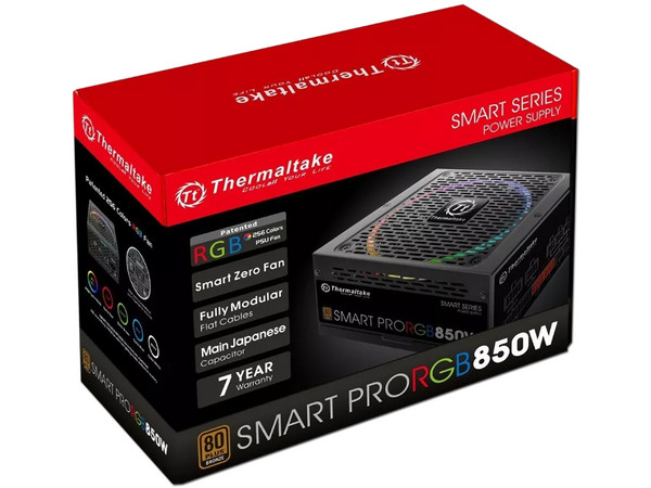 Fuente de poder Modular Thermaltake Smart Pro RGB de 850W, Zero Fan, ATX, 80 Plus Bronze.