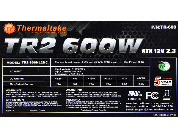 Fuente de Poder Thermaltake TR2 de 600W, ATX.