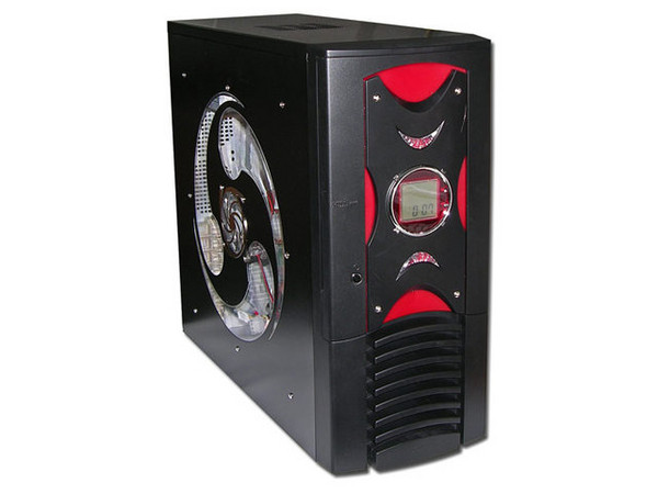Gabinete ATX BLUE CODE con fuente de 360W, Control central LCD con reloj y termómetro de zonas, panel lateral transparente con luz y ventilación.