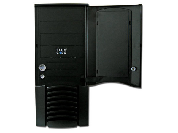 Gabinete ATX BLUE CODE con fuente de 360W, Control central LCD con reloj y termómetro de zonas, panel lateral transparente con luz y ventilación.