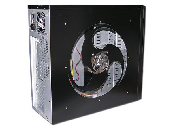 Gabinete ATX BLUE CODE con fuente de 360W, Control central LCD con reloj y termómetro de zonas, panel lateral transparente con luz y ventilación.