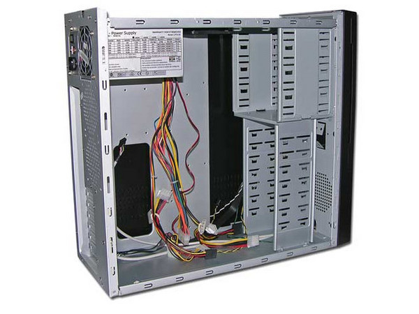 Gabinete ATX BLUE CODE con fuente de 360W, Control central LCD con reloj y termómetro de zonas, panel lateral transparente con luz y ventilación.