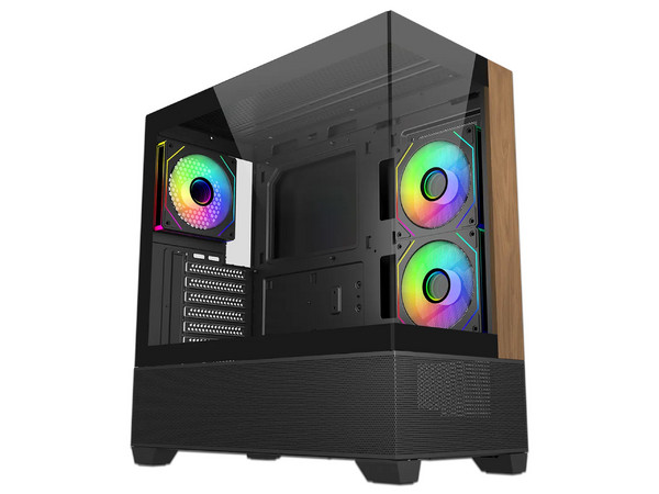 Gabinete COOLER MASTER Elite 690 Wood, Compatible con ATX/Micro-ATX/Mini-ITX, Incluye 1x USB-C, 2x USB 3.0, 3 Ventiladores ARGB de 120mm, Panel de Cristal Templado, Color Negro.