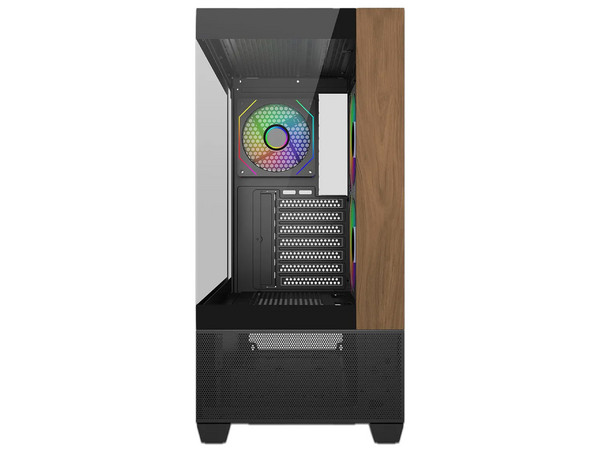 Gabinete COOLER MASTER Elite 690 Wood, Compatible con ATX/Micro-ATX/Mini-ITX, Incluye 1x USB-C, 2x USB 3.0, 3 Ventiladores ARGB de 120mm, Panel de Cristal Templado, Color Negro.