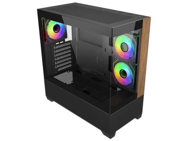 Gabinete COOLER MASTER Elite 690 Wood, Compatible con ATX/Micro-ATX/Mini-ITX, Incluye 1x USB-C, 2x USB 3.0, 3 Ventiladores ARGB de 120mm, Panel de Cristal Templado, Color Negro.
