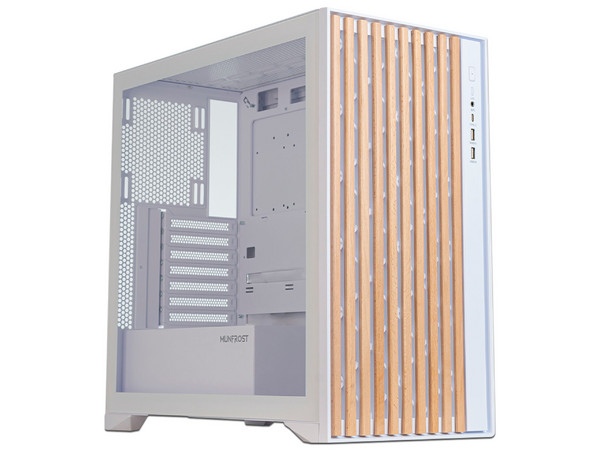 Gabinete MUNFROST Alder, Mid Tower, ATX, Incluye 2 Ventiladores ARGB de 160mm, Panel Frontal de Madera, Panel de Cristal Templado, ARGB Sync, No Incluye Fuente de Poder. Color Blanco.
