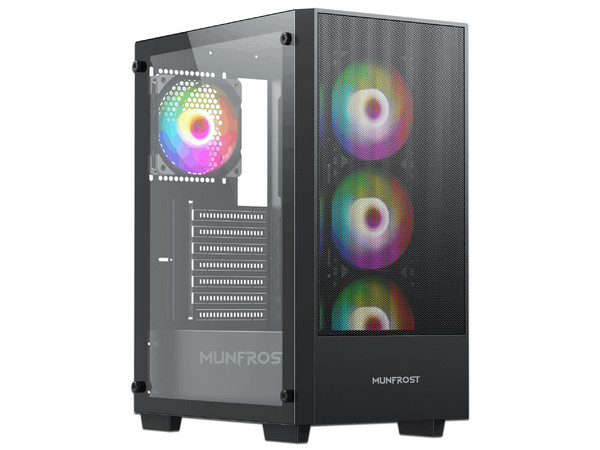 Gabinete MUNFROST Alpha, Mid Tower, ATX, Incluye 4 Ventiladores ARGB de 120mm, Panel de Cristal Templado, ARGB Sync, No Incluye Fuente de Poder. Color Negro.