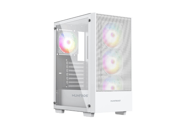 Gabinete MUNFROST Alpha, Mid Tower, ATX, Incluye 4 Ventiladores ARGB de 120mm, Panel de Cristal Templado, No Incluye Fuente de Poder. Color Blanco.