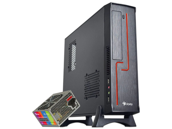 Gabinete STYLOS Keelan Slim, Mini Tower, Micro-ITX, Incluye Fuente de Poder de 550W. Color Negro.