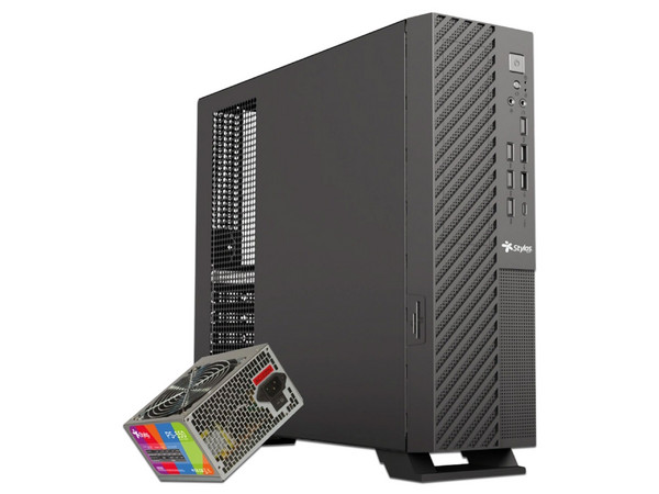 Gabinete STYLOS MINCE SLIM ITX, Mini Tower, Mini-ITX, Incluye Fuente de Poder de 550W. Color Negro.