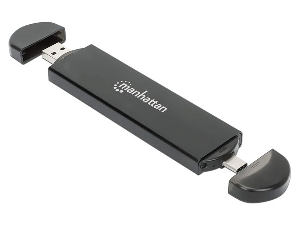 Gabinete Manhattan de SSD NVMe M.2 a USB-C y USB-A. Color Negro.