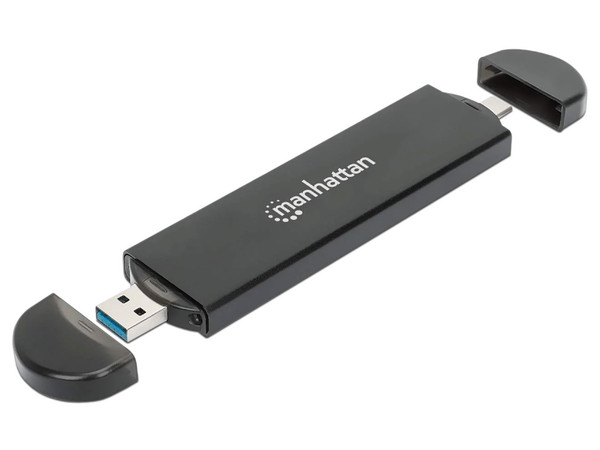 Gabinete Manhattan de SSD NVMe M.2 a USB-C y USB-A. Color Negro.
