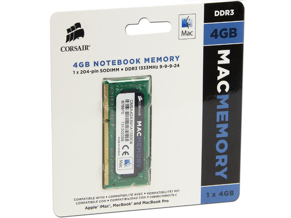 Memoria SODIMM Corsair DDR3 PC3-10600 (1333 MHz), 4 GB. Para Apple iMac, MacBook y MacBook Pro