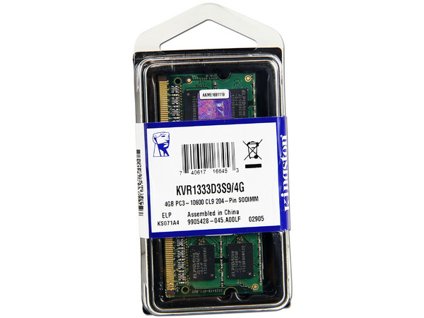 Memoria Kingston SODIMM DDR3 PC3-10600 (1333 MHz) CL9, 4 GB.
