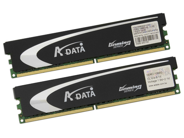 Memoria ADATA Gaming Series de 2GB  (2x1GB)
DDR2 1066MHz (PC2 8500)
Timing: 6-6-6-15, Voltaje: 1.9V~2.1V
Modelo: DDR2 1066G Dual Kit 2G