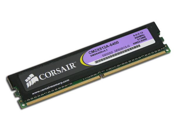 Memoria Corsair XMS2 de 512MB DDR2 800 (PC2 6400).
Timing: 5-5-5-12, Cas Latency: 5, Voltaje: 2.1V
Modelo: CM2X512A-6400