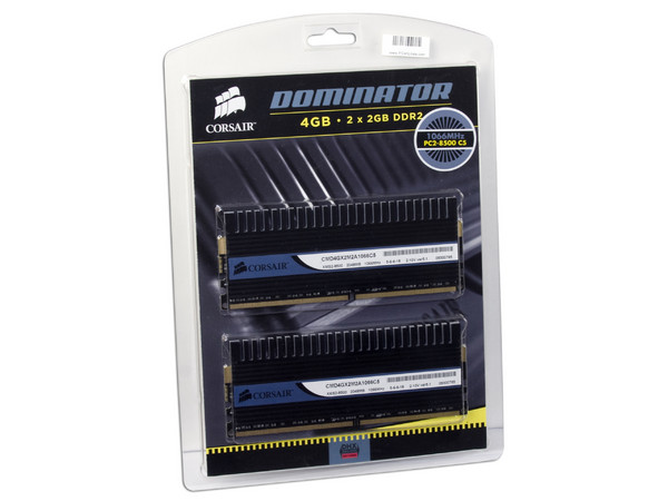 Memoria Corsair Dominator 4GB (2 x 2GB) DDR2 1066MHz
Timing: 5-6-6-18, Voltaje: 2.10V.
Modelo: CMD4GX2M2A1066C5
