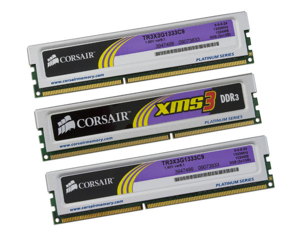 Memoria Corsair XMS3 de 3GB (3x1GB) DDR3 1333MHz (PC3-10600)
Timing: 9-9-9-24, Voltaje: 1.50V.
Modelo: TR3X3G1333C9
Recomendada para Intel Core i7