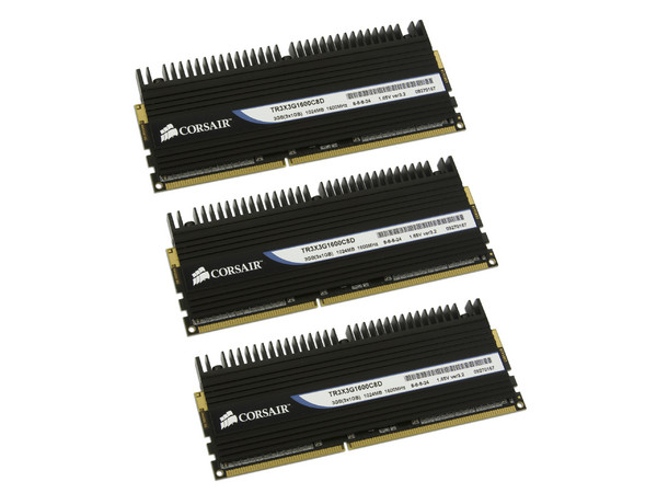 Memoria Corsair Dominator de 3GB (3x1GB) DDR3 1600MHz (PC3-12800)
Timing: 8-8-8-24, Voltaje: 1.65V
Modelo: TR3X3G1600C8D
Recomendada para Intel Core i7