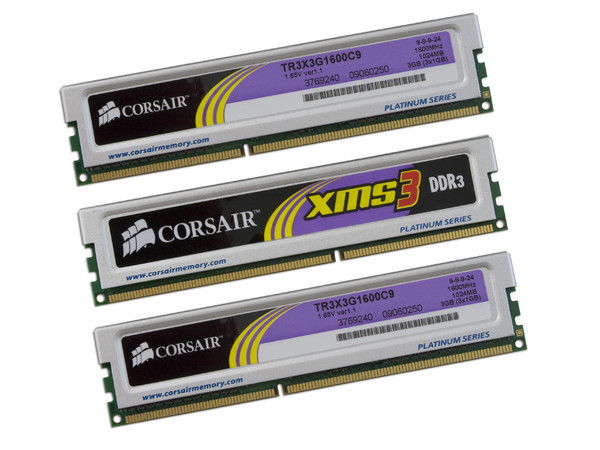Memoria Corsair XMS3 de 3GB (3x1GB) DDR3 1600MHz (PC3-12800)
Timing: 9-9-9-24, Voltaje: 1.65V.
Modelo: TR3X3G1600C9
Recomendada para Intel Core i7