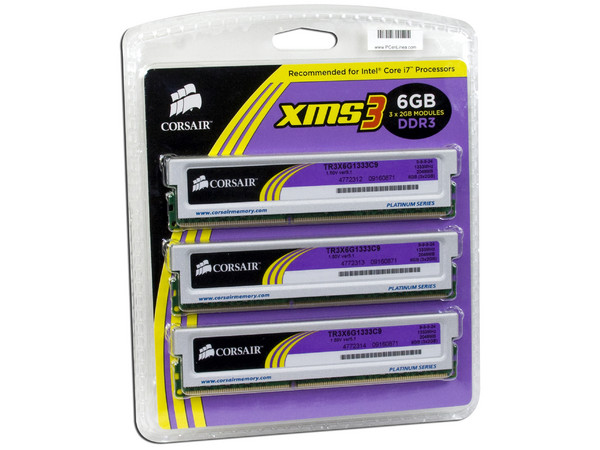 Memoria Corsair XMS3 de 6GB (3x2GB) DDR3 1333MHz (PC3-10600)
Timing: 9-9-9-24, Voltaje: 1.50V
Modelo: TR3X6G1333C9 G
Recomendada para Intel Core i7