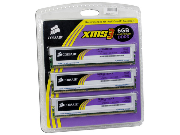 Memoria Corsair XMS3 de 6GB (3x2GB) DDR3 1600MHz (PC3-12800)
Timing: 9-9-9-24, Voltaje: 1.65V
Modelo: TR3X6G1600C9
Recomendada para Intel Core i7
