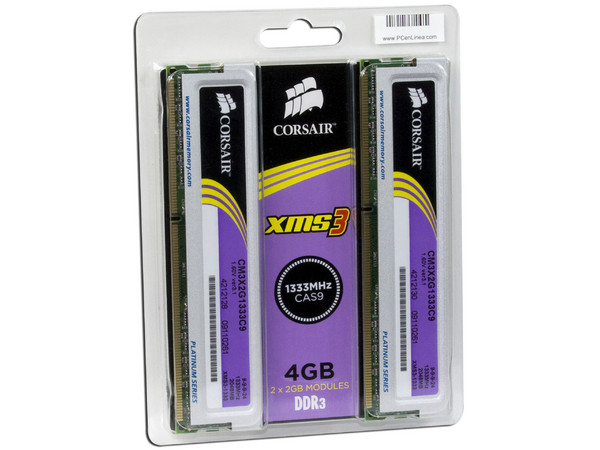 Memoria Corsair XMS3 de 4GB (2x2GB) DDR3 1333MHz
Timing: 9-9-9-24, Cas Latency: 9, Voltaje: 1.60V
Modelo: TW3X4G1333C9 G