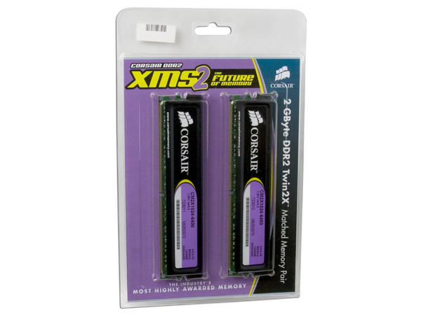 Memoria Corsair XMS2 de 2GB (2 x 1GB) DDR2 800 (PC2 6400) 
Tiempos: 5-5-5-18, Cas Latency: 5, Voltaje: 1.9V.
Modelo: TWIN2X2048-6400 G