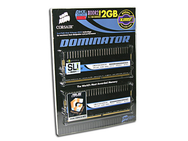 Memoria Corsair Dominator de 2GB (2 x 1GB) DDR2 800 (PC2 6400)
Timing: 4-4-4-12, Cas Latency: 4, Voltaje: 2.1V.
Ventajas: DHX, EPP, SLI Certified
Modelo: TWIN2X2048-6400C4D