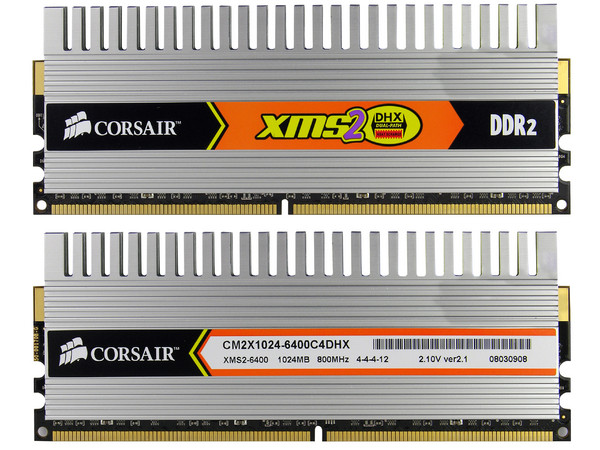 Memoria Corsair XMS2  DHX de 2GB DDR2 (2x1GB) 800MHz
Timing: 4-4-4-12, Cas Latency: 4, Voltaje: 2.10V
Modelo: CM2X1024-6400C4DHX
