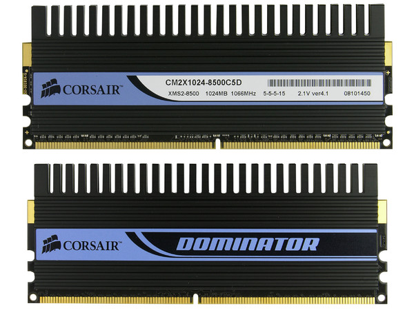 Memoria Corsair Dominator 2GB (2 x 1GB) DDR2 1066 (PC2 8500)
Timing: 5-5-5-15, Cas: 5, Voltaje: 2.1V.
Modelo: TWIN2X2048-8500C5D G