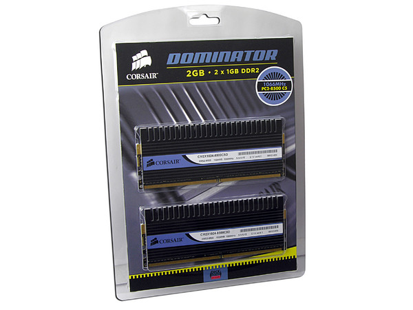 Memoria Corsair Dominator 2GB (2 x 1GB) DDR2 1066 (PC2 8500)
Timing: 5-5-5-15, Cas: 5, Voltaje: 2.1V.
Modelo: TWIN2X2048-8500C5D G