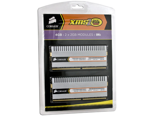 Memoria Corsair XMS2 DHX de 4GB (2x2GB) DDR2 800
Timing: 4-4-4-12, Voltaje: 2.1V.
Diseñada para Sistemas Operativos de 64bit,
Modelo: TWIN2X4096-6400C4DHX