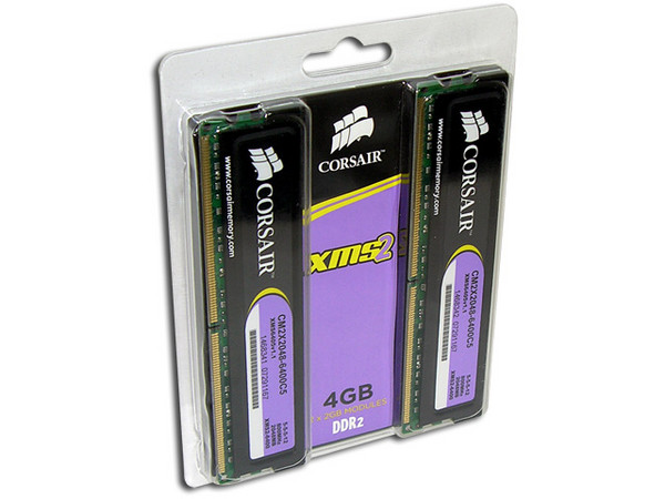 Memoria Corsair XMS2 de 4GB (2x2GB) DDR2 800 (PC26400)
Timing: 5-5-5-12, Voltaje: 1.8V.
Diseñada para Sistemas Operativos de 64bit,
Modelo: TWIN2X4096-6400C5 G