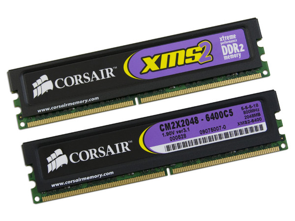 Memoria Corsair XMS2 de 4GB (2x2GB) DDR2 800 (PC2-6400)
Timing: 5-5-5-18, Voltaje: 1.9V.
Diseñada para Sistemas Operativos de 64bit,
Modelo: TWIN2X4096-6400C5 G