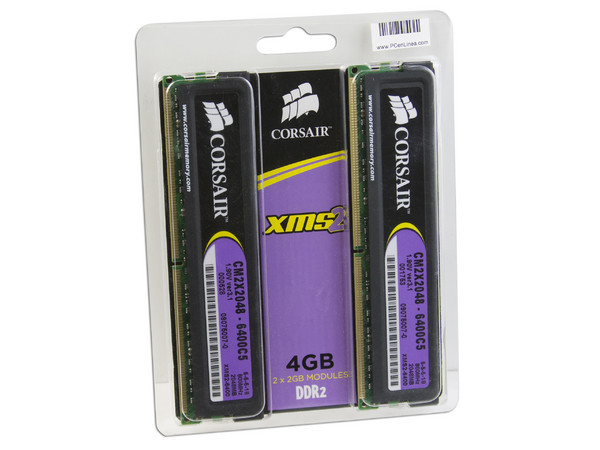 Memoria Corsair XMS2 de 4GB (2x2GB) DDR2 800 (PC2-6400)
Timing: 5-5-5-18, Voltaje: 1.9V.
Diseñada para Sistemas Operativos de 64bit,
Modelo: TWIN2X4096-6400C5 G