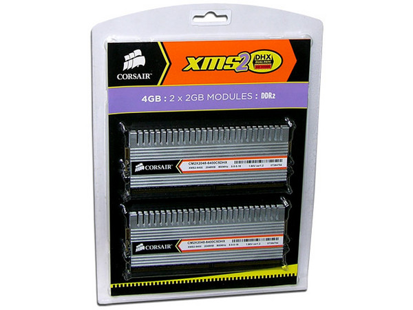 Memoria Corsair XMS2 DHX de 4GB (2x2GB) DDR2 800
Timing: 5-5-5-18, Voltaje: 1.8V.
Diseñada para Sistemas Operativos de 64bit,
Modelo: TWIN2X4096-6400C5DHX
