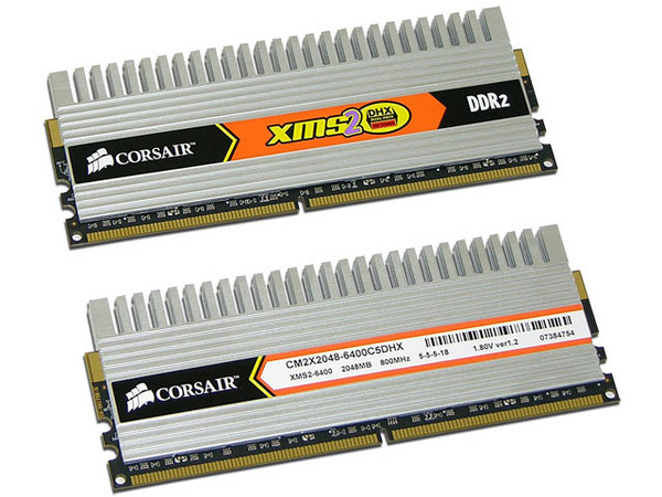 Memoria Corsair XMS2 DHX de 4GB (2x2GB) DDR2 800
Timing: 5-5-5-18, Voltaje: 1.8V.
Diseñada para Sistemas Operativos de 64bit,
Modelo: TWIN2X4096-6400C5DHX