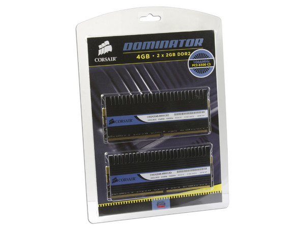 Memoria Corsair Dominator 4GB (2 x 2GB) DDR2 1066 (PC2 8500)
Timing: 5-5-5-15, Cas: 5, Voltaje: 2.10V.
Modelo: TWIN2X4096-8500C5D G