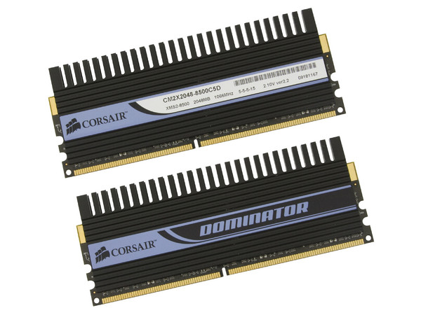Memoria Corsair Dominator 4GB (2 x 2GB) DDR2 1066 (PC2 8500)
Timing: 5-5-5-15, Cas: 5, Voltaje: 2.10V.
Modelo: TWIN2X4096-8500C5D G