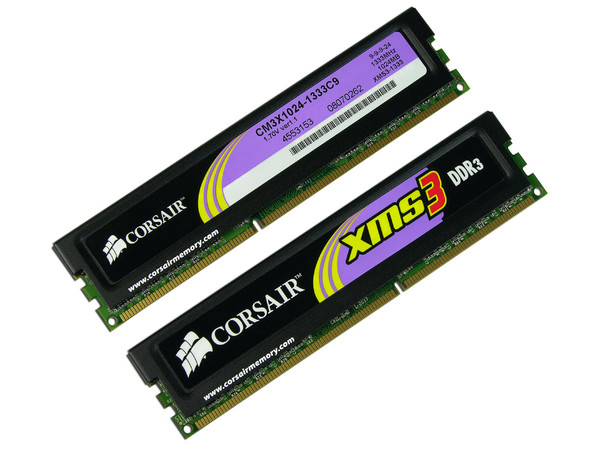 Memoria Corsair XMS3 de 2GB (2x1GB) DDR3 1333MHz
Timing: 9-9-9-24, Cas Latency: 9, Voltaje: 1.70V
Modelo: TWIN3X2048-1333C9 G